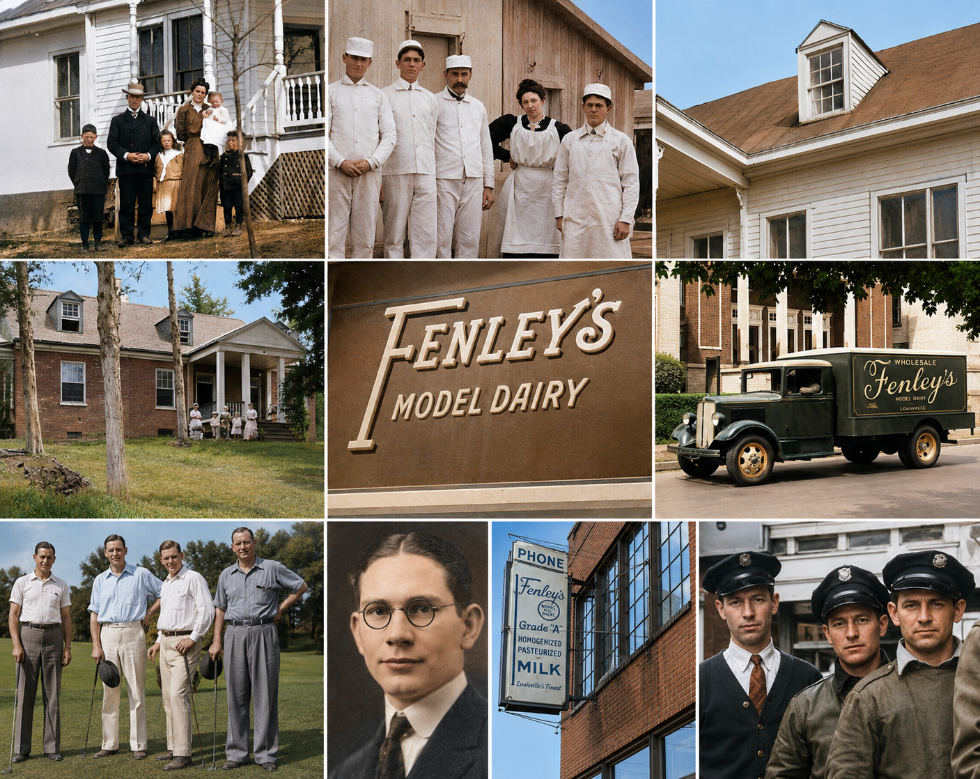 A collage of colorized photographs from the Fenley family archive — home, dairymen, Model Dairy sign, delivery truck, and family portraits.